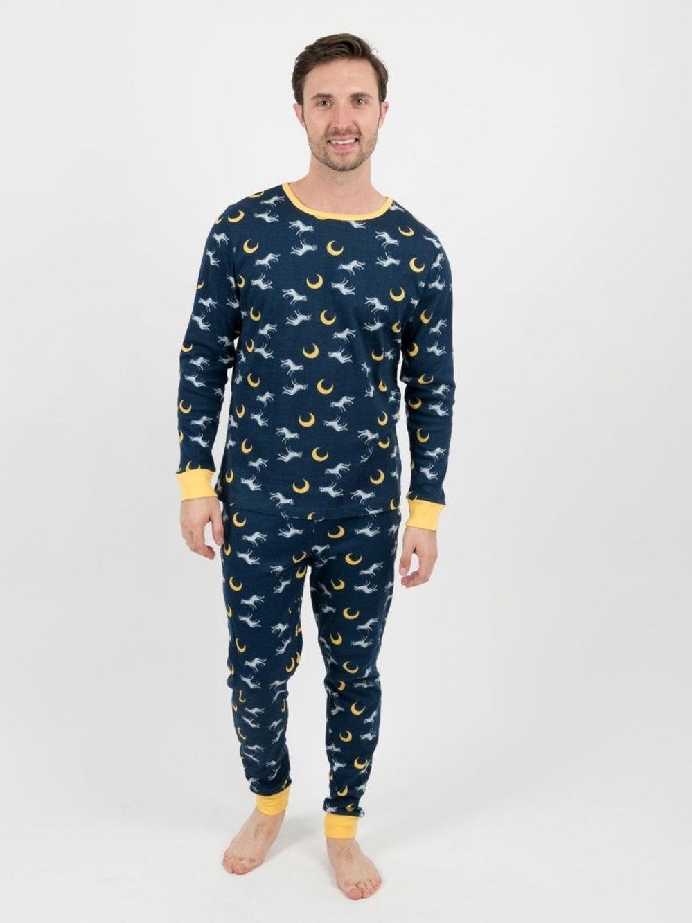 Leveret Men's Wild Animals Cotton Pajamas Set Wolf Navy Size L Fit To Size M